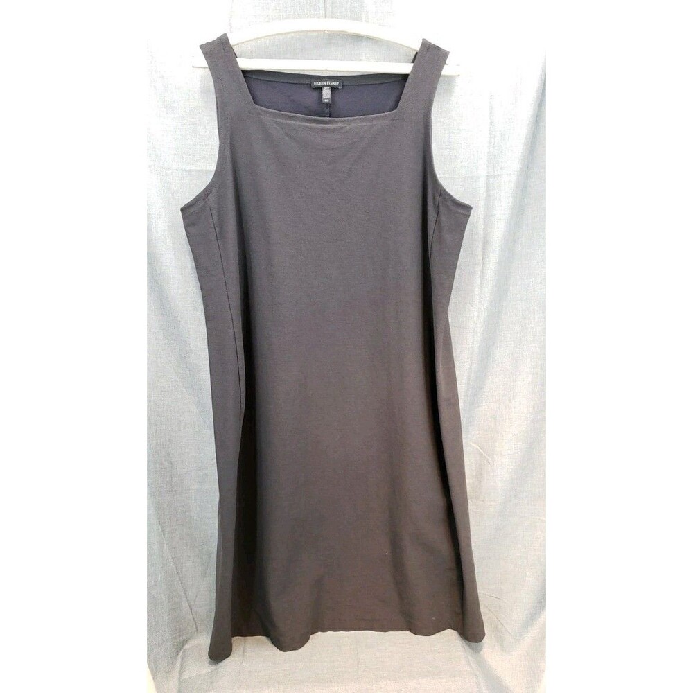Eileen Fisher L Black Square Neck Stretch Knit Jersey Knee Length Tank Dress